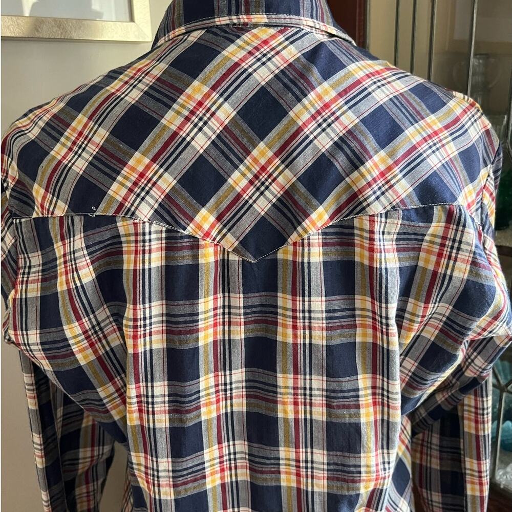 Vintage 70s Men's Plaid Pearl Snap Shirt Size 38 Blue Yellow Americana 38 Unisex - Picture 7 of 17